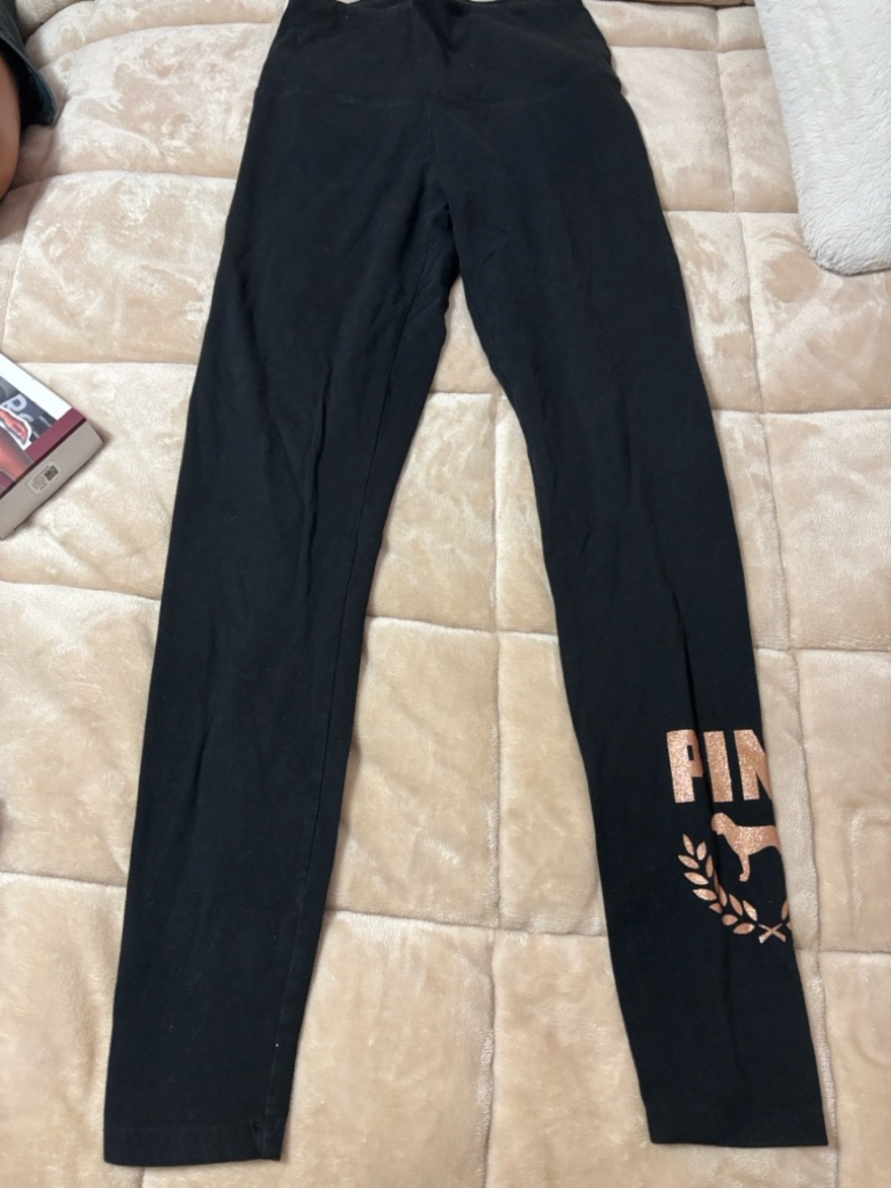 PINK Victoria's Secret Black Leggings with Rose Gold Foil Logo